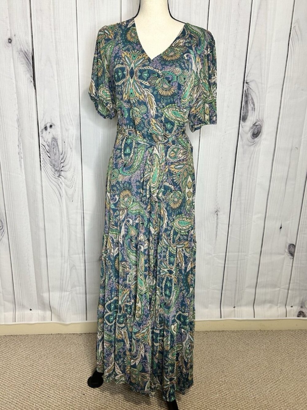 Harlow & Rose Wrap Midi Dress Size XL Lightweight Belted Dark Teal Floral V-Neck